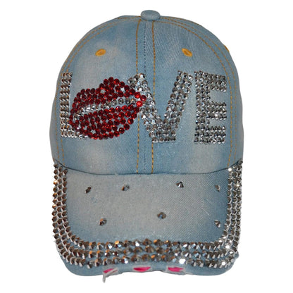 Popfizzy Womens Bling Cap, Bejeweled Rhinestone Baseball Cap, Distressed Denim Hat for Women, Bling Gifts for Women