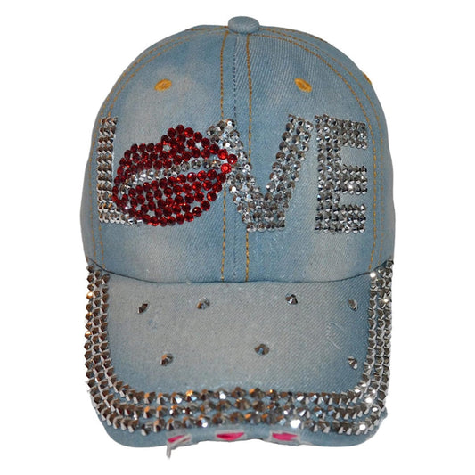Popfizzy Womens Bling Cap, Bejeweled Rhinestone Baseball Cap, Distressed Denim Hat for Women, Bling Gifts for Women