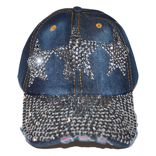 Star Hat for Girls and Women Rhinestone Hat, Bedazzled Baseball Caps, Distressed Hat, Fancy Denim Bejeweled Hats