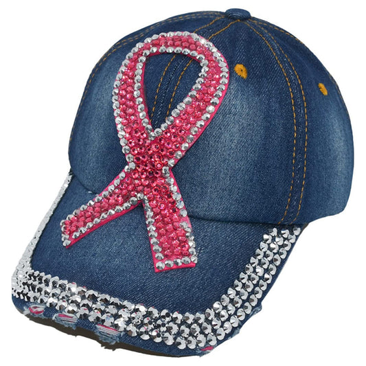 Popfizzy Women’s Distressed Rhinestone Bejeweled Cotton Baseball Hat Sparkle Bling Cap (Pink Ribbon)