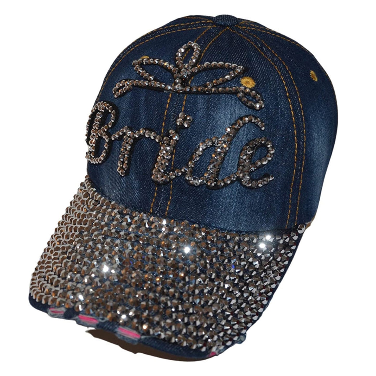 Popfizzy Womens Bling Bride Cap, Rhinestone Baseball Cap, Bejeweled Distressed Denim Hat, Bling Gifts for Women