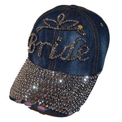 Popfizzy Womens Bling Bride Cap, Rhinestone Baseball Cap, Bejeweled Distressed Denim Hat, Bling Gifts for Women