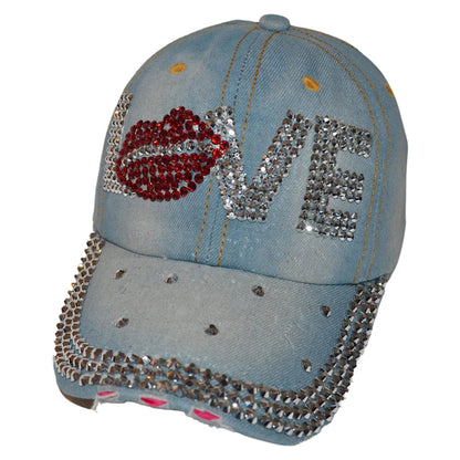 Popfizzy Womens Bling Cap, Bejeweled Rhinestone Baseball Cap, Distressed Denim Hat for Women, Bling Gifts for Women