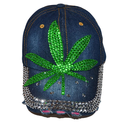 Popfizzy Rhinestone Weed Hat, Women’s Bling Pot Leaf Hats, Marijuana Denim Baseball Caps, Cannabis Cap (Weed Leaf, Denim)