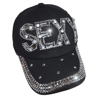 Popfizzy Womens Bling Sexy Cap, Rhinestone Baseball Cap, Bejeweled Distressed Denim Hat, Bling Gifts for Women