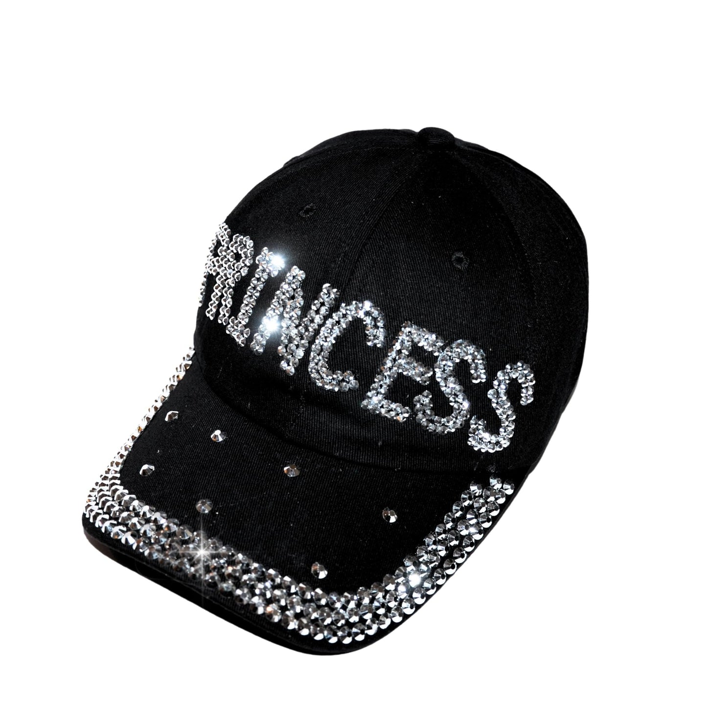 Popfizzy Rhinestone Princess Baseball Cap for Women and Girls, Bling Gift for Princess, Cute Black Bedazzled Hats (Princess)