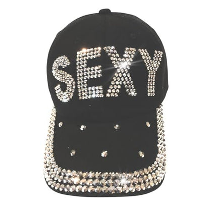Popfizzy Rhinestone Baseball Cap for Women and Girls, Cute Bedazzled Hats, Shiny Bling Denim and Diamond Hat, Sexy Black