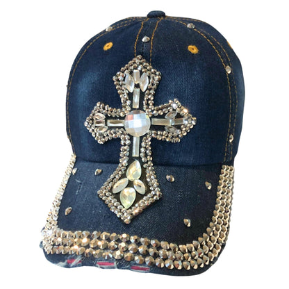 Popfizzy Bedazzled Cross Hat for Women, Rhinestone Hat with Cross on It, Bling Christian Hats, Bling Gifts for Women (Denim)
