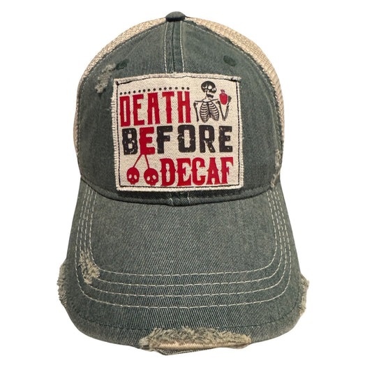 Popfizzy Death Before Coffee Trucker Hats for Men and Women, Funny Coffee Drinker Gifts, Distressed Vintage Adult Humor Caps