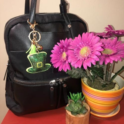 Popfizzy St Patty's Day Hat Keychain for Women and Girls, Bling Irish Green Leprechaun Hat Purse Charm, St Pattys Day Gift