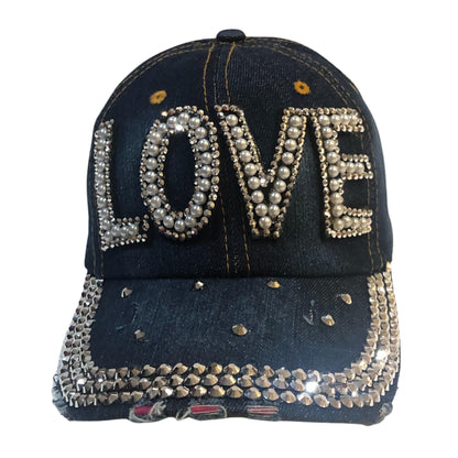 Bling "LOVE" Rhinestone Denim Hat, Bedazzled Baseball Cap for Women