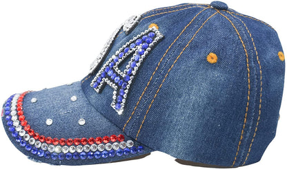 USA Hat Women’s Distressed Bling Rhinestone Patriotic Baseball Cap