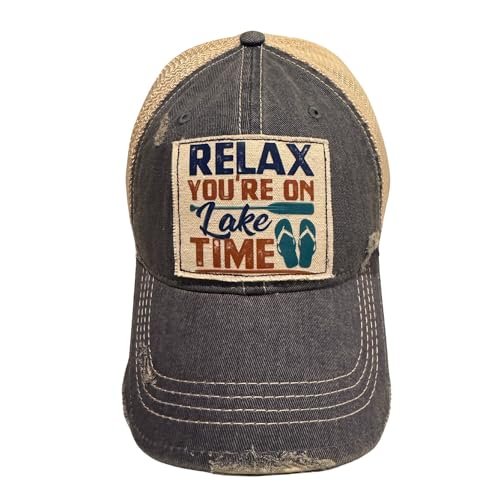 Popfizzy Relax You're on Lake Time Hat, Vintage Trucker Hat, Mesh Back Baseball Cap, Lake Life Gifts for Women and Men (Navy)