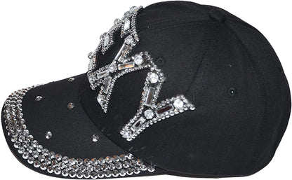 Popfizzy Womens Bling Sexy Cap, Rhinestone Baseball Cap, Bejeweled Distressed Denim Hat, Bling Gifts for Women