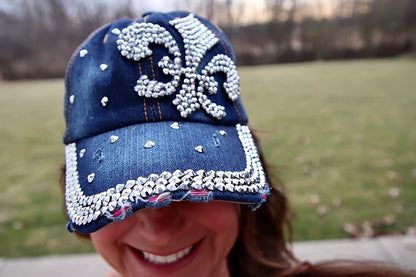 Popfizzy Womens Bling Fleur de Lis Baseball Cap, Blue, Cotton, NOLA Gift