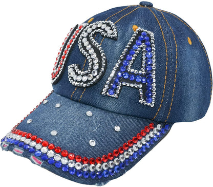 USA Hat Women’s Distressed Bling Rhinestone Patriotic Baseball Cap
