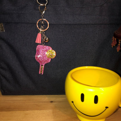 Popfizzy Pink Pickleball Keychain for Women, Rhinestone Purse Charm