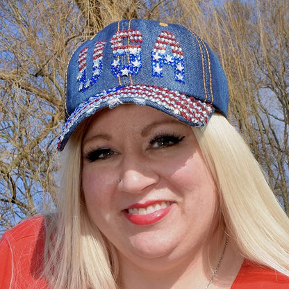 Popfizzy USA Women’s American Flag Baseball Cap Bling Rhinestone Trucker Hat