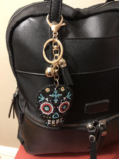 Popfizzy Bling Sugar Skull Keychain for Women and Girls, Rhinestone Purse Charms for Handbags, Sugar Skull Gifts for Women, Gifts for Her, Crystal Bag Charm