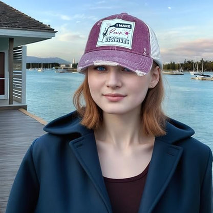 Popfizzy Funny Vintage Trucker Hats for Wine Drinkers, Adult Humor Caps, Distressed Baseball Cap (I Make Pour Decisions)