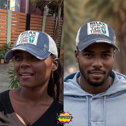 Popfizzy Relax You're on Lake Time Hat, Vintage Trucker Hat, Mesh Back Baseball Cap, Lake Life Gifts for Women and Men (Navy)
