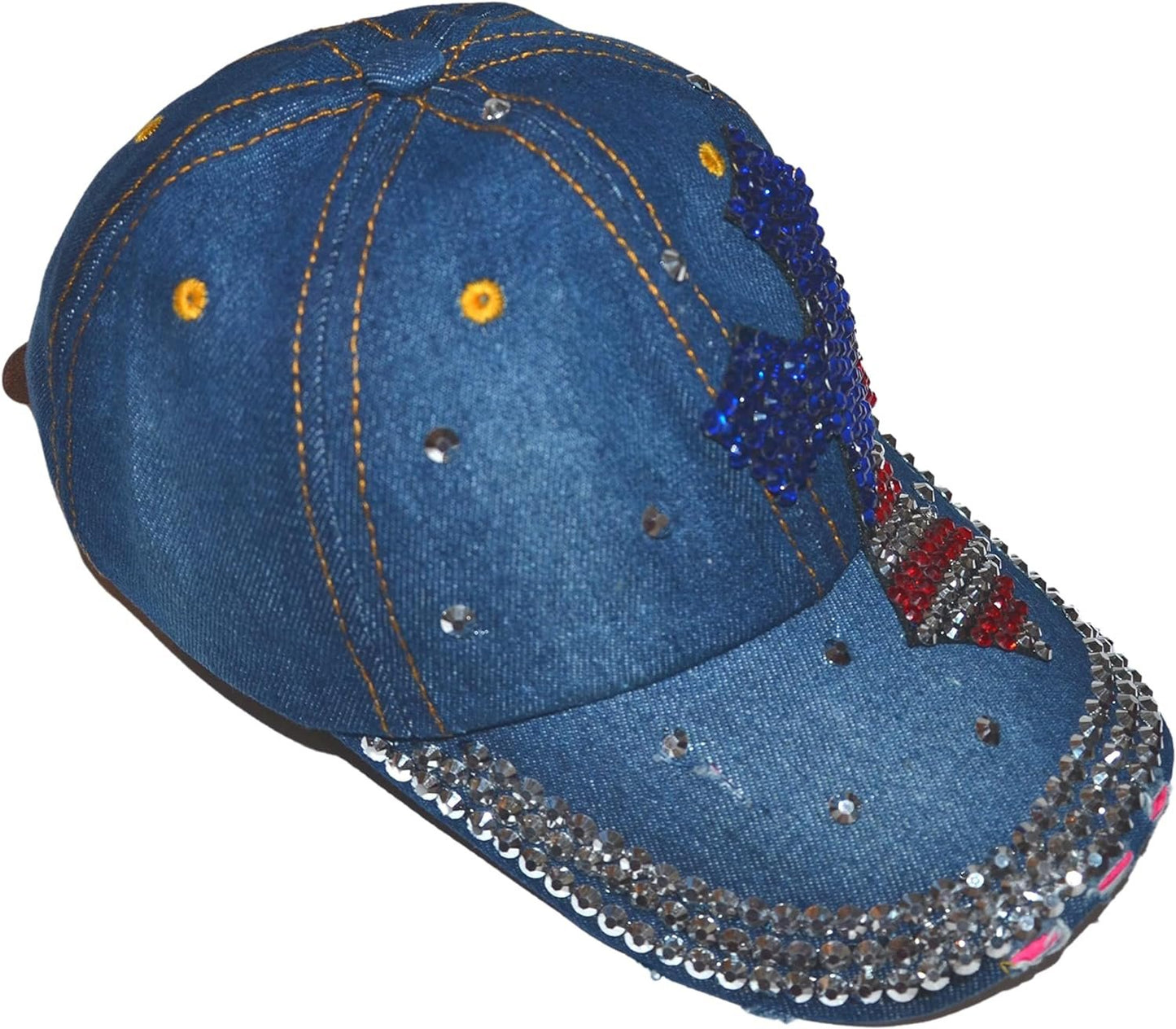 Popfizzy Women’s Red, White, and Blue Cross Hat, Bling Blue Denim Adult Baseball Hat