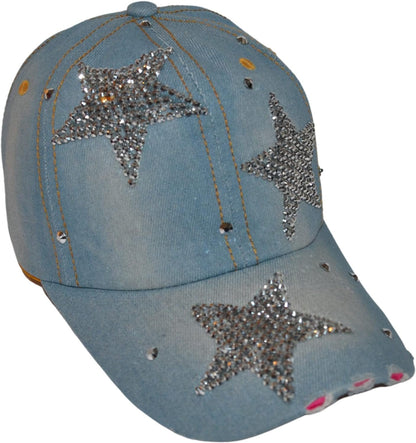Popfizzy Womens Bling Cap, Star Rhinestone Baseball Cap, Bejeweled Distressed Denim Hat, Bling Gifts for Women