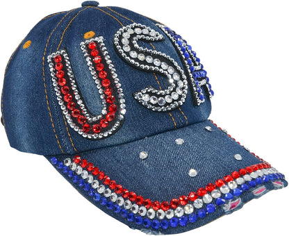 USA Hat Women’s Distressed Bling Rhinestone Patriotic Baseball Cap