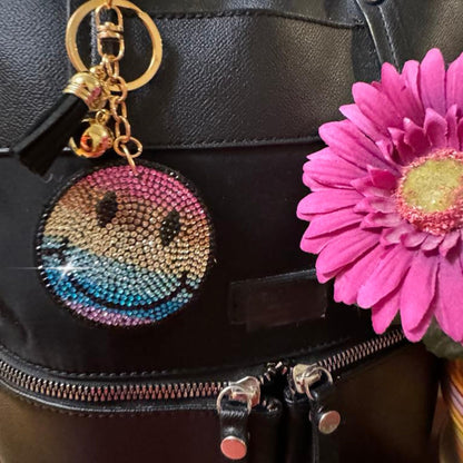 Popfizzy Rainbow Smiley Face Keychain Accessories for Women, Rhinestone Emoji Happy Face Keychains, Smiley Face Gifts
