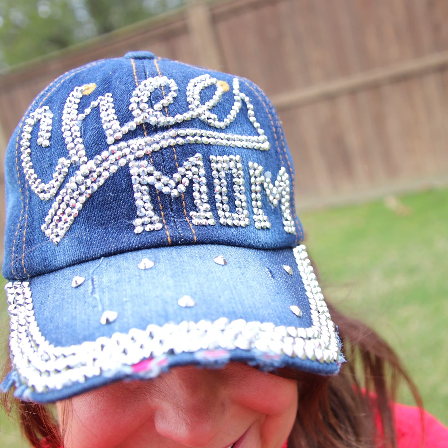 Popfizzy Women’s Cheer Mom Hat, Bling Blue Denim Adult Baseball Hat