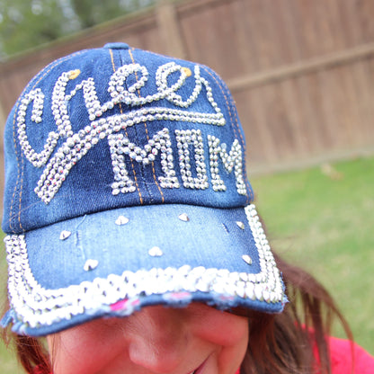 Popfizzy Women’s Cheer Mom Hat, Bling Blue Denim Adult Baseball Hat
