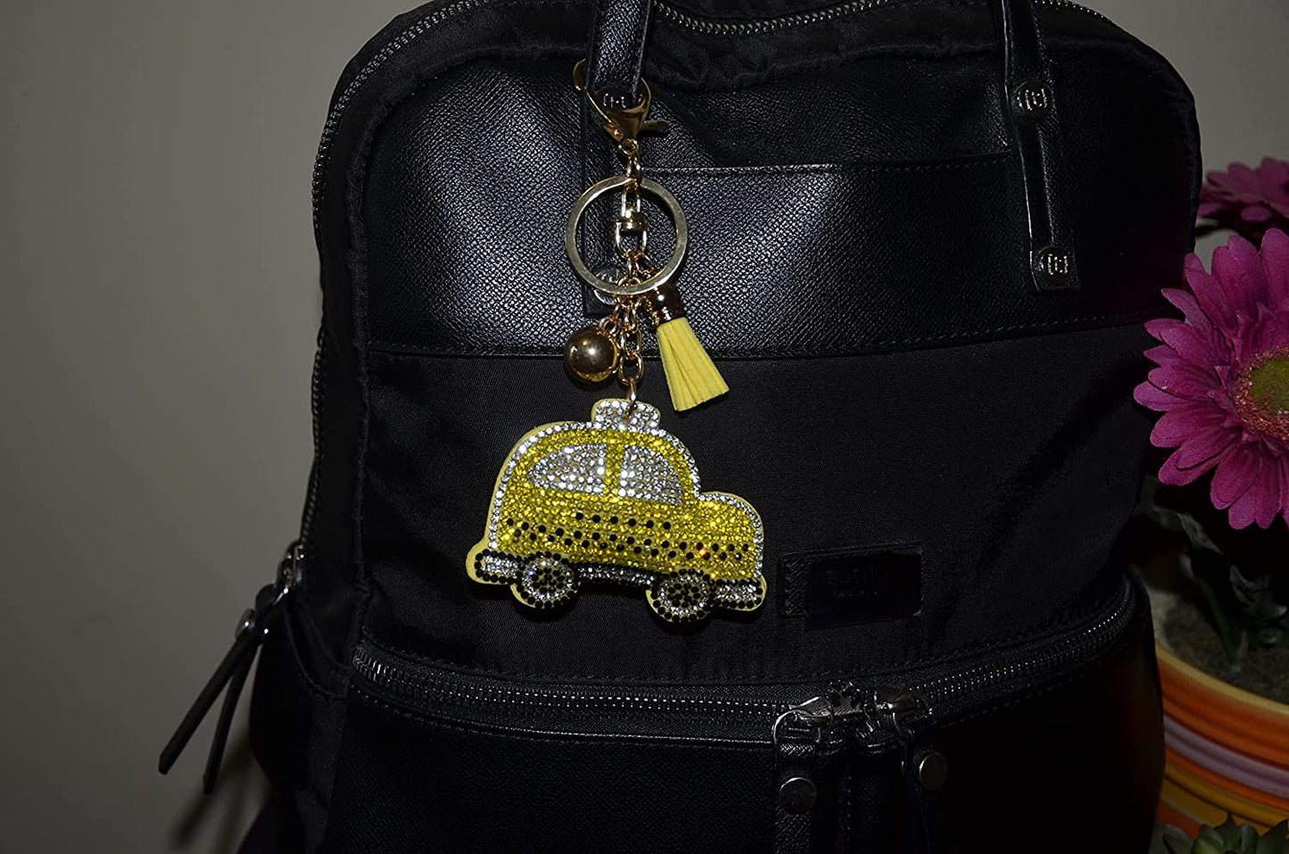 Yellow Taxi Cab Keychain for Women and Girls Rhinestone Backpack Accessories, Purse Charms, Cute Tassel Key Chain Key Fob