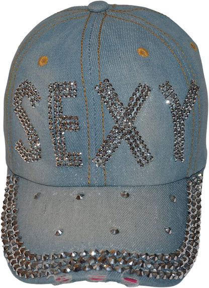 Popfizzy Womens Bling Cap, Rhinestone Baseball Cap, Bejeweled Distressed Denim Hat, Bling Gifts for Women