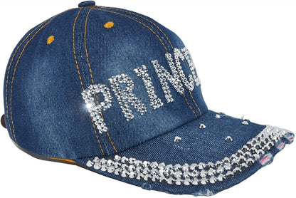 Bedazzled Princess Crown Rhinestone Hat, Bling Denim Baseball Cap for Women
