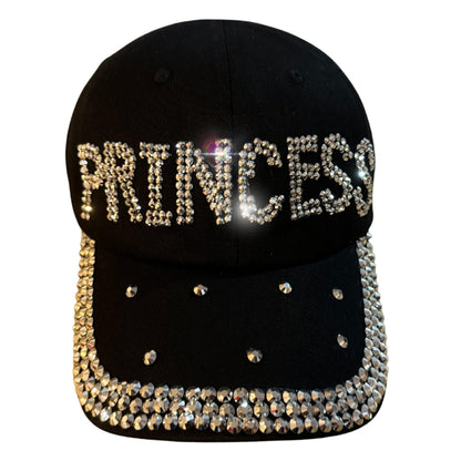 Popfizzy Rhinestone Princess Baseball Cap for Women and Girls, Bling Gift for Princess, Cute Black Bedazzled Hats (Princess)