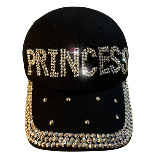 Popfizzy Rhinestone Princess Baseball Cap for Women and Girls, Bling Gift for Princess, Cute Black Bedazzled Hats (Princess)