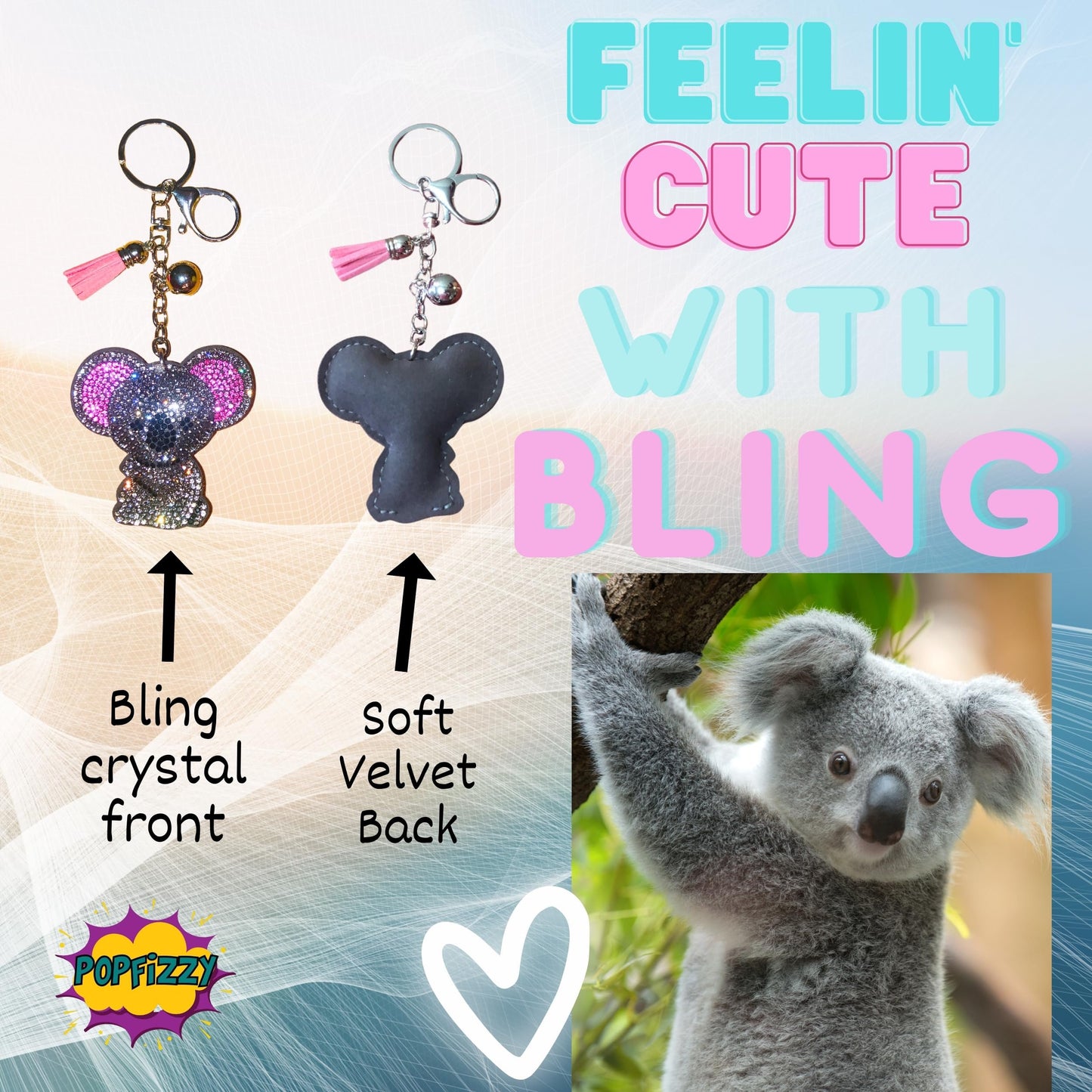 Popfizzy Bling Koala Keychain Accessories for Women, Rhinestone Purse Charm, Koala Gifts, Backpack Decor, Fun Koala Keyring