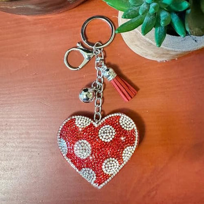 Popfizzy Red Heart Keychains for Women and Girls, Bedazzled Polka Dot Purse Charm, Bling Backpack Accessories, Heart Gifts