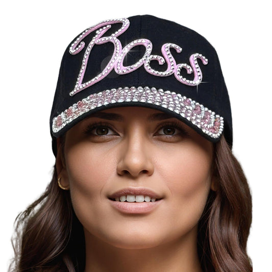 Popfizzy Rhinestone Boss Hat for Women, Bling Black Baseball Cap with Words, Female Boss Gift, Fancy Ballcap, One Size (Boss)