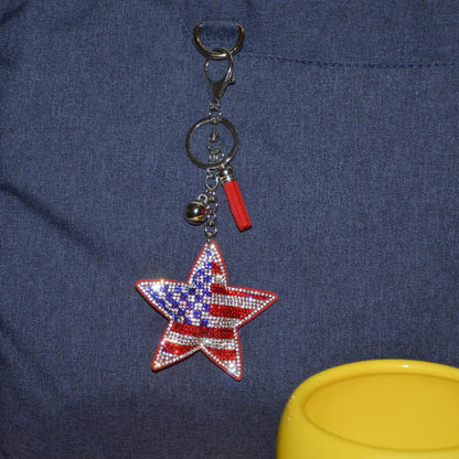 Popfizzy American Flag Star Keychain, Bling Patriotic Backpack Charm, Rhinestone Bag Charms, Keyring Key Fob