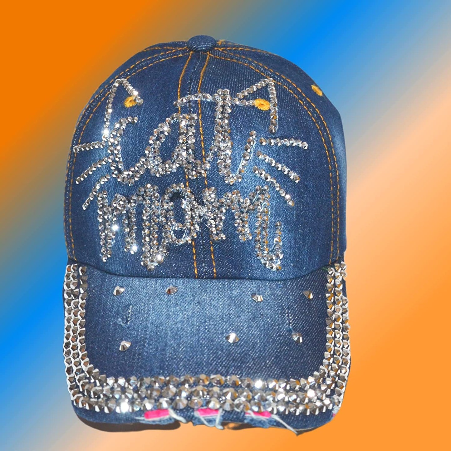 Popfizzy Women’s Cat Mom Hat, Bling Blue Denim Adult Baseball Hat