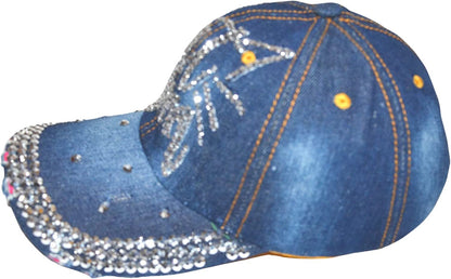 Popfizzy Women’s Cat Mom Hat, Bling Blue Denim Adult Baseball Hat