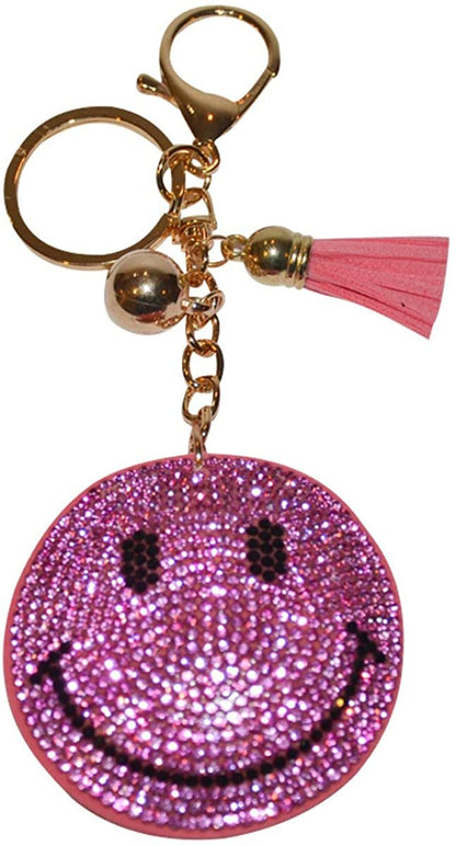 Pink Happy Face Keychains for Women Girls – Crystal Purse Charm – Backpack Charms