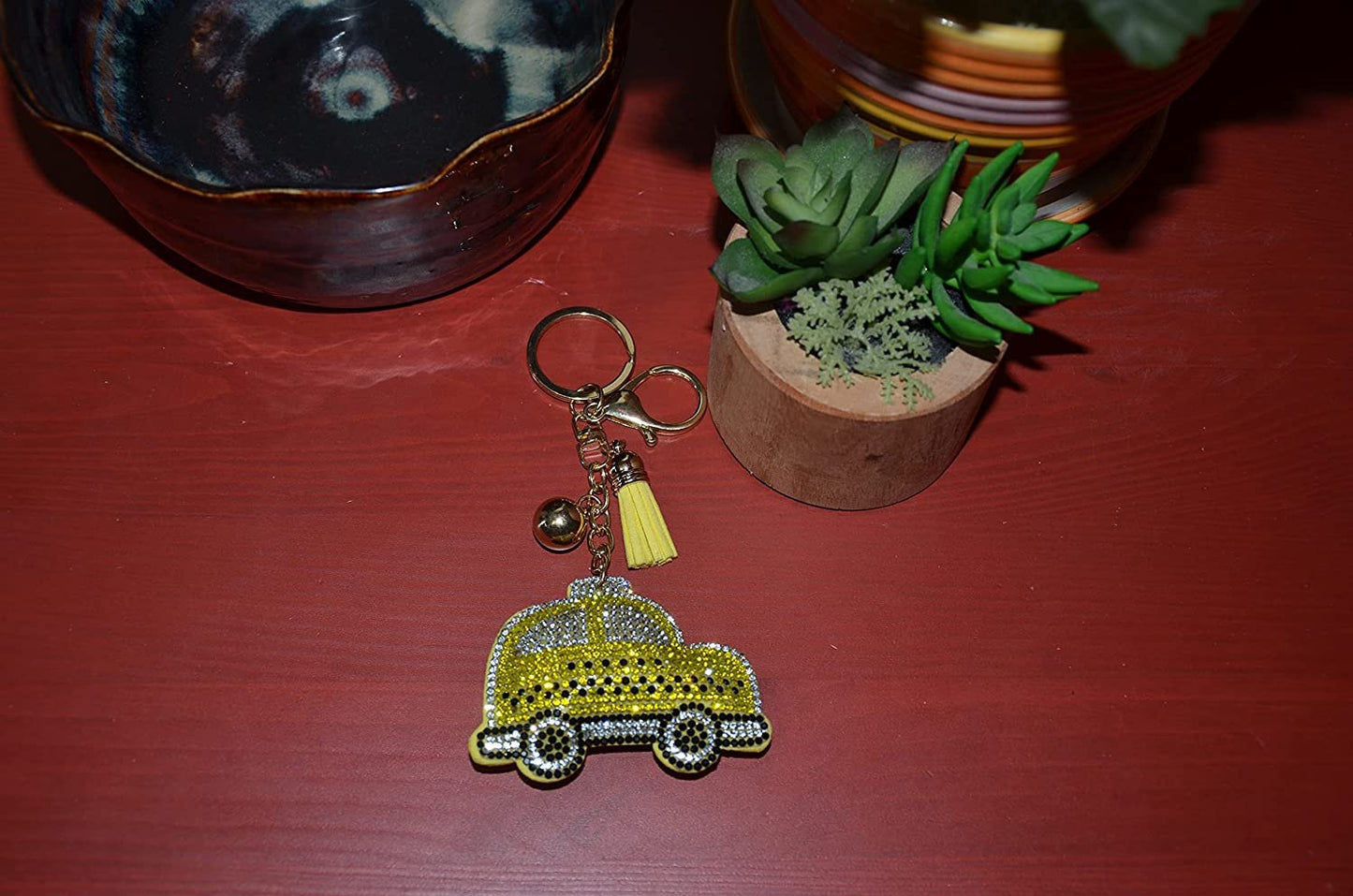 Yellow Taxi Cab Keychain for Women and Girls Rhinestone Backpack Accessories, Purse Charms, Cute Tassel Key Chain Key Fob