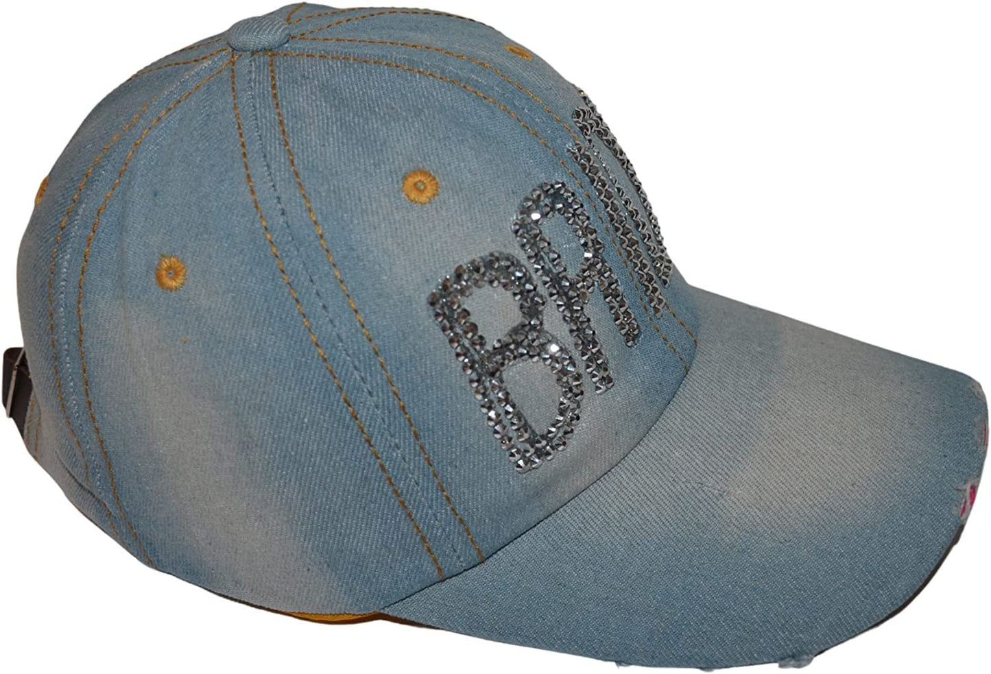Popfizzy Womens Bling Bride Cap, Rhinestone Baseball Cap, Bejeweled Distressed Denim Hat, Bling Gifts for Women