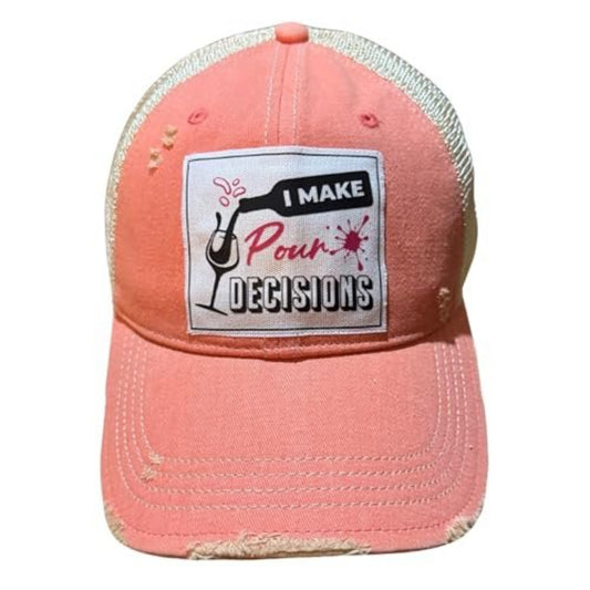 Popfizzy Funny Vintage Trucker Hats for Wine Drinkers, Adult Humor Caps, Distressed Baseball Cap (I Make Pour Decisions)