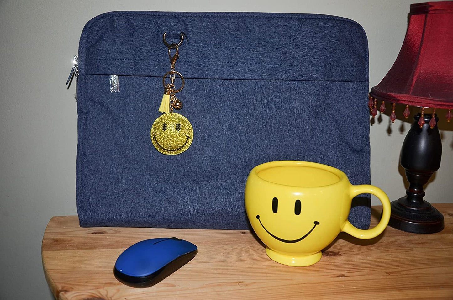 Yellow Smiley Face Keychain, Rhinestone Happy Face Purse Charm, Bling Backpack Key Fob, Crystal Bag Charms