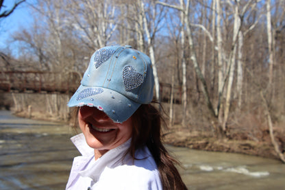 Heart Baseball Cap, Bling Caps for Women and Teenage Girls, Rhinestones Distressed Denim Trucker Hat, Bedazzled Love Cap, Best Friend Gift