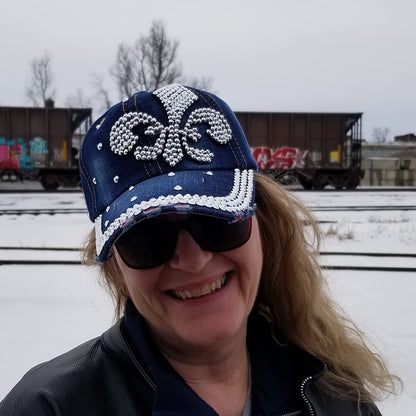 Popfizzy Womens Bling Fleur de Lis Baseball Cap, Blue, Cotton, NOLA Gift