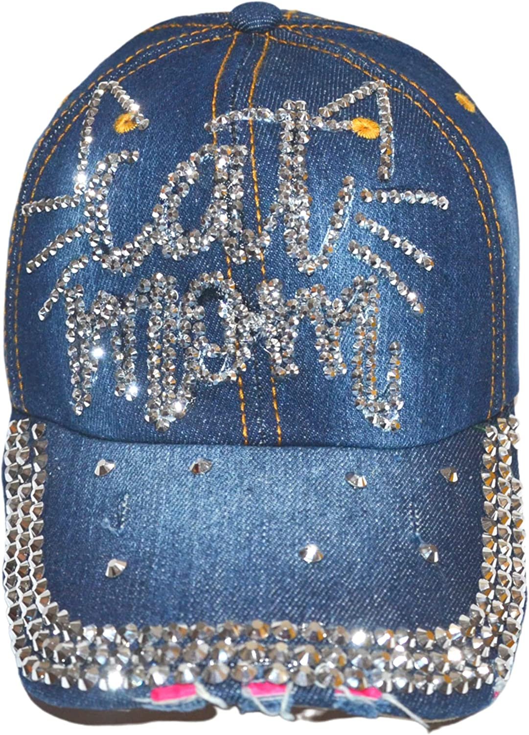 Popfizzy Women’s Cat Mom Hat, Bling Blue Denim Adult Baseball Hat